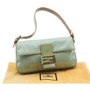 Fendi Aqua Blue Zucchino Shoulder Gold Khaki Patent Leather